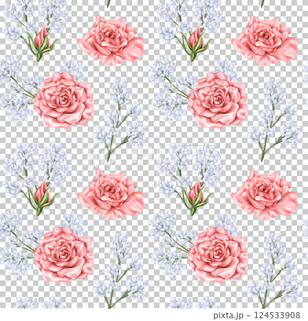 Seamless pattern of delicate blue gypsophila branches, pink roses and buds. Dried wildflowers, bouquets. Botanical motifs, decorative natural elements. Digital illustration Seamless pattern of delicate blue gypsophila branches, pink roses and buds. Dried wildflowers, bouquets. Botanical motifs, decorative natural elements. Digital illustration 124533908