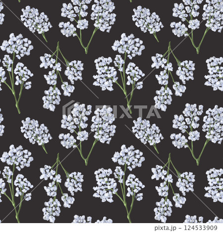 Seamless pattern of delicate blue gypsophila branches. Dried wildflowers, bouquets. Botanical motifs, decorative natural elements. Digital illustration 124533909