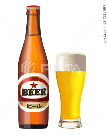 ビール瓶とビアグラス大 124533997