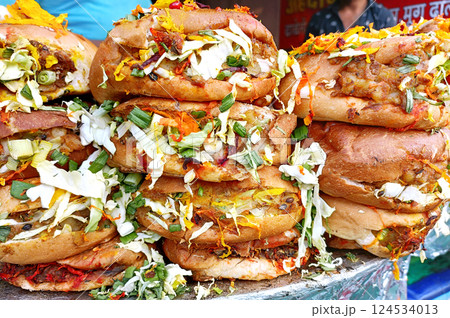 Closeup shot of burger at local stall in india Closeup shot of burger at local stall in india 124534013