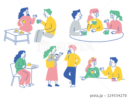 カフェでコーヒーを飲む人たちのセット_色 カフェでコーヒーを飲む人たちのセット_色 124534278