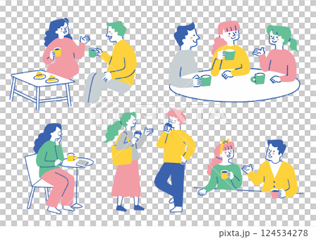 カフェでコーヒーを飲む人たちのセット_色 カフェでコーヒーを飲む人たちのセット_色 124534278