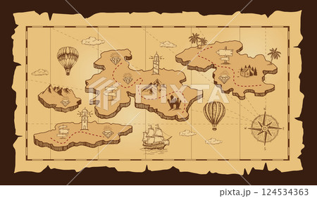 Pirate treasure map on white. Hand-drawn illustrations.	 124534363