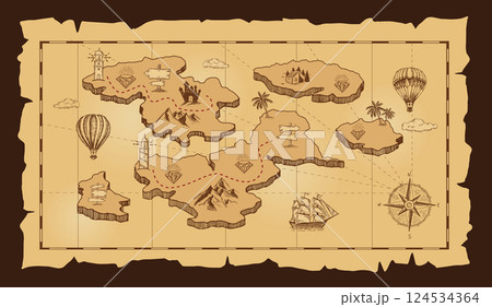 Vintage Treasure Map with Compass and Ship	 124534364