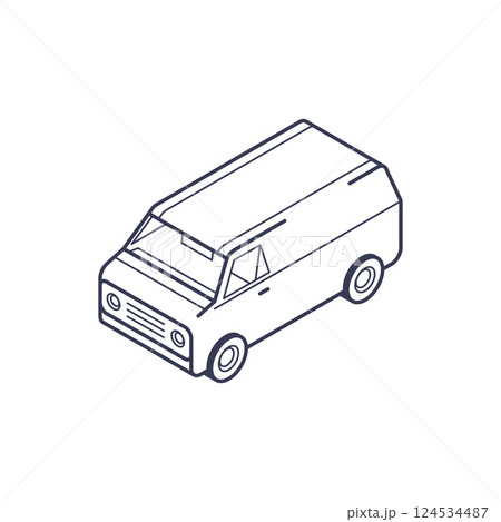 Stylized isometric line icon of a delivery van showcasing modern design elements 124534487