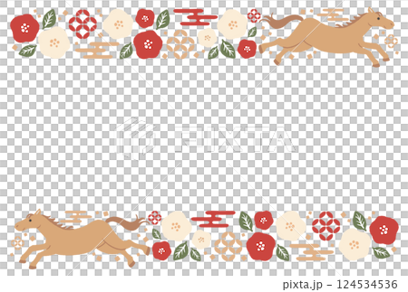 馬和山茶花框架新年賀卡材料 124534536