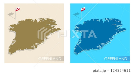 Greenland country flag installed on geographic positioning map point of country territory. Greenlandic commonwealth banner on land and sea. Festive patriotic HD format template for independence day Greenland country flag installed on geographic positioning map point of country territory. Greenlandic commonwealth banner on land and sea. Festive patriotic HD format template for independence day 124534611