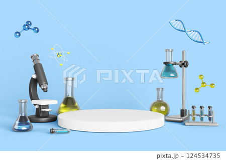 3d cosmetic laboratory podium with microscope, glass flasks, dna molecule and chemical formula. Science research lab platform for display product, effective beauty solutions render. 3D illustration 124534735