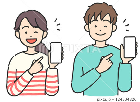 スマホを持って笑顔の若い男女のイラスト 124534826
