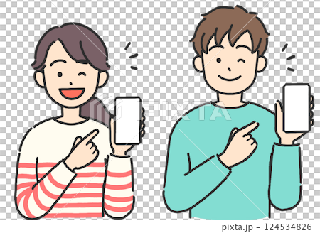 スマホを持って笑顔の若い男女のイラスト 124534826