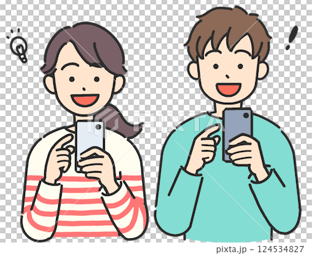 Illustration of young men and women smiling while looking at their smartphones 124534827