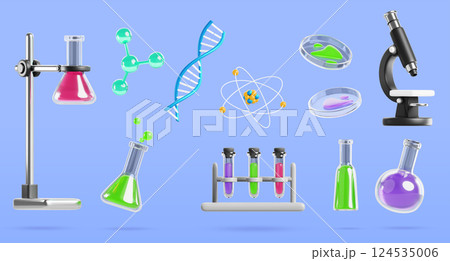 3d science laboratory equipment set. Microscope, lab glassware with color liquid, glass flask, test tube rack, holder beaker, chemical formula, dna molecule, atom, cartoon render icon. 3D illustration 124535006