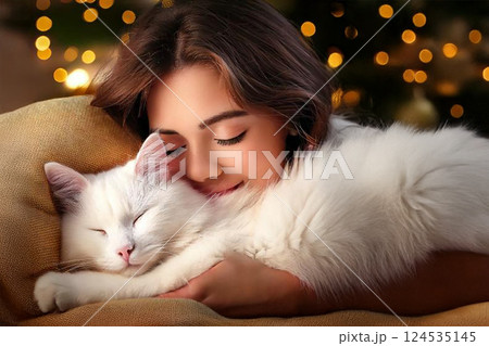 飼い主の少女に添い寝する白猫 124535145