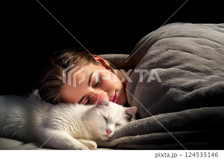 女性と顔をくっつけて眠る白い猫 124535146