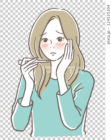 熱っぽい顔で体温計を見る女性 熱っぽい顔で体温計を見る女性 124535304
