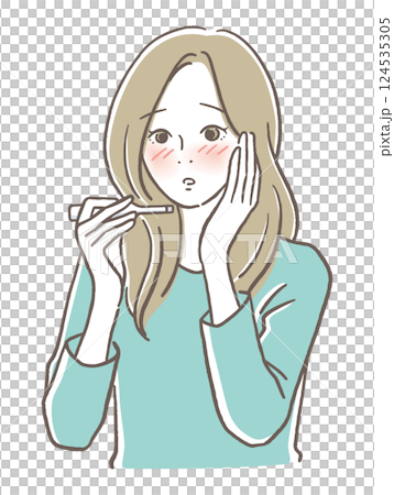 A woman with a feverish face looking at a thermometer 124535305