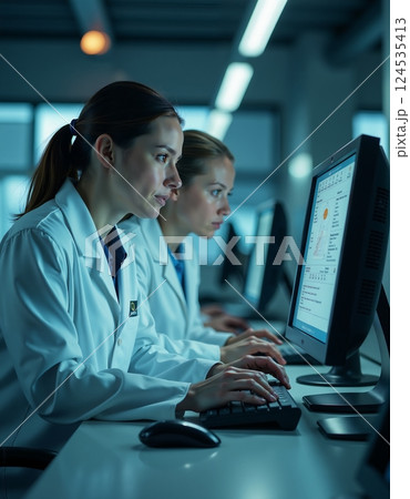 Female scientists conducting research in a modern laboratory setting 124535413