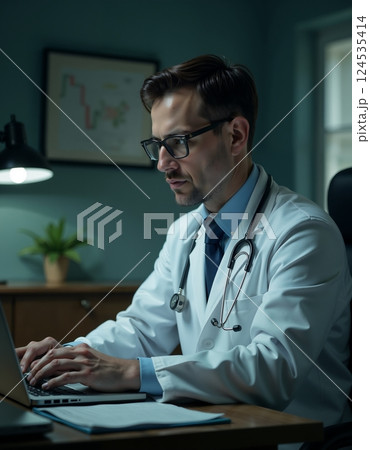 Focused doctor working late night in office on laptop - healthcare professional in action 124535414