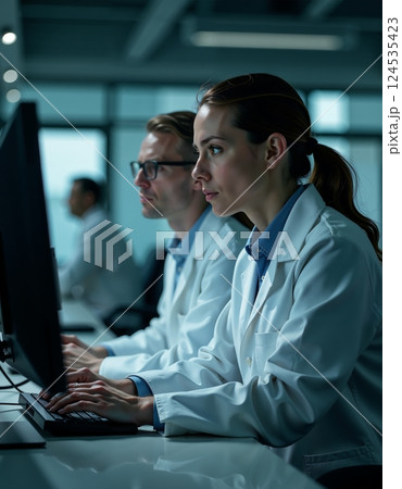 Focused scientists analyzing data on computers in a modern laboratory setting 124535423