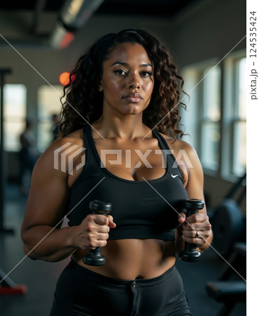 Focused woman with dumbbells in modern gym setting for fitness motivation 124535424