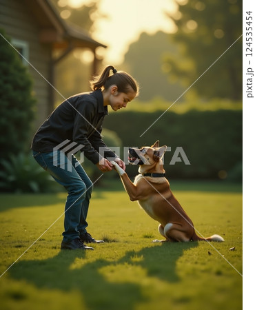 Joyful outdoor playtime with dog at sunset for family bonding 124535454