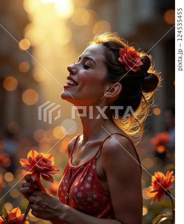 Joyful woman in floral dress surrounded by sunlit orange blooms 124535455