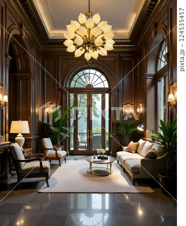 Luxurious classic living room with elegant chandelier and arched windows 124535457