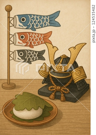 鯉のぼり・兜・柏餅のこどもの日セットのイラスト素材 [124535482] - PIXTA