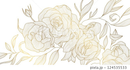 Vector gold line flowers illustration. Nature blossom oriental graphic, romantic decoration floral background, art deco ornate roses, peonies. 124535533