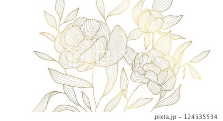 Vector gold line flowers illustration. Nature blossom oriental graphic, romantic decoration floral background, art deco ornate chinese roses, peonies. Vector gold line flowers illustration. Nature blossom oriental graphic, romantic decoration floral background, art deco ornate chinese roses, peonies. 124535534