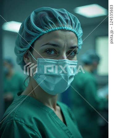 Healthcare professional in surgical attire highlighting medical safety 124535683