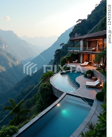 Luxury mountain retreat with infinity pool overlooking scenic valley at sunset 124535818
