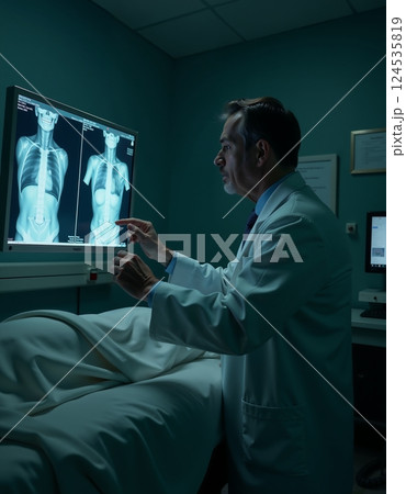 Medical professional analyzing chest x-rays in dimly lit hospital room 124535819