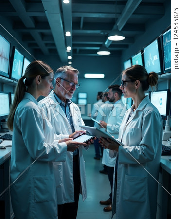 Medical team collaboration in a modern tech-driven research laboratory 124535825