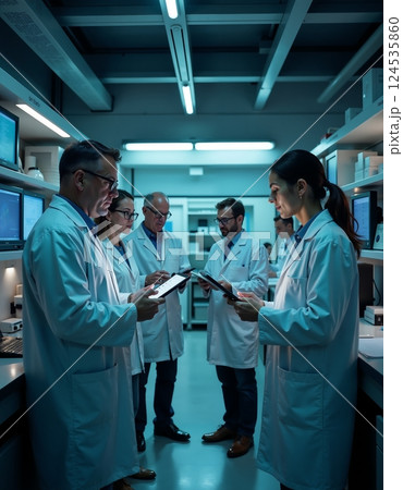 Scientific collaboration in modern laboratory - team of scientists analyzing data on digital tablets 124535860