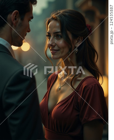 Romantic evening encounter between couple in elegant attire under warm streetlights 124535887