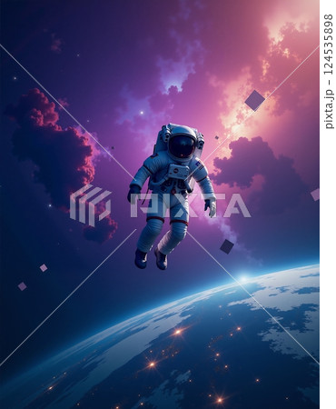 Space exploration: astronaut floating in the cosmos with surreal sky and cloud cubes 124535898