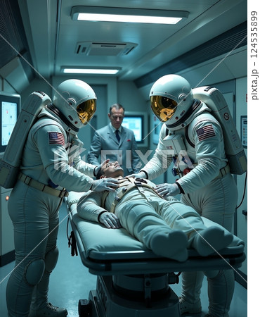 Space medicine: astronauts performing medical examination in futuristic spacecraft 124535899
