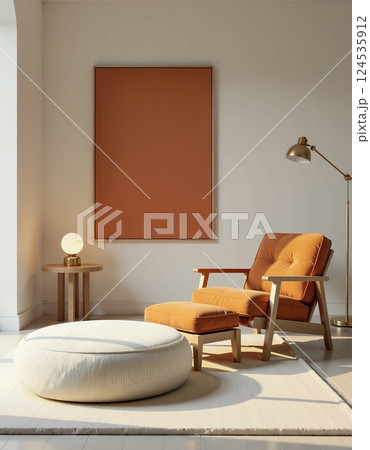 Warm minimalist living room interior with brown armchair and soft lighting 124535912