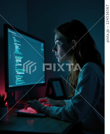 Focused female programmer coding at night on dual monitors 124536567