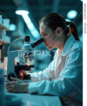 Focused scientist using a microscope in a laboratory setting 124536568