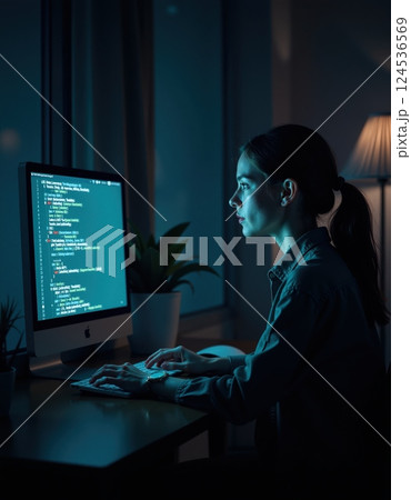 Focused software developer coding at night in modern office space 124536569