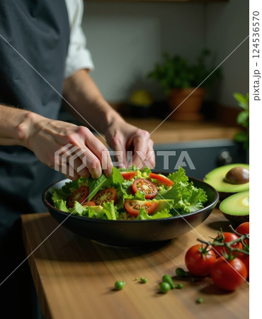 Fresh salad preparation with lettuce, tomatoes, and avocado in a modern kitchen setting 124536570