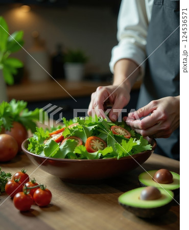 Fresh salad preparation with tomatoes and avocado in kitchen setting 124536571