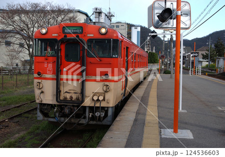 田舎の駅に停車しているローカル線のワンマン列車 田舎の駅に停車しているローカル線のワンマン列車 124536603