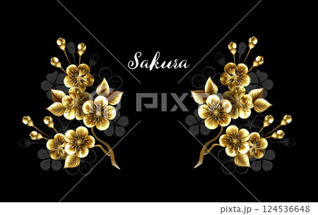 Symmetrical golden sakura branches 124536648