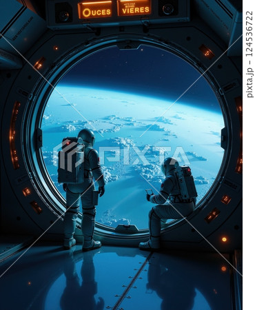 Futuristic space exploration: astronauts observing earth from spacecraft 124536722