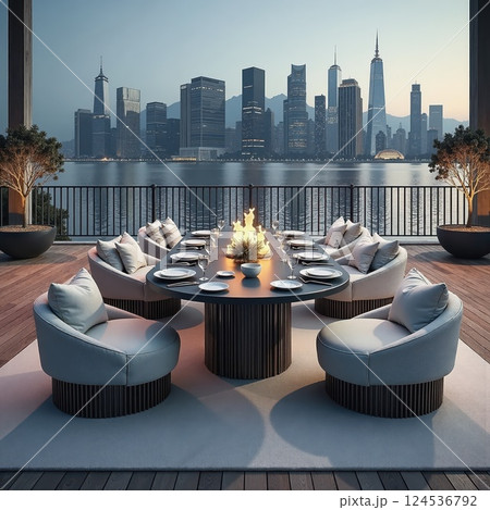 Luxurious waterfront dining with city skyline at sunset for events and gatherings 124536792
