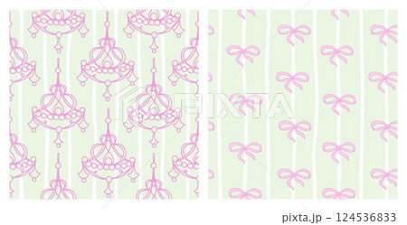 Hand-drawn whimsical Coquette Pattern set. Pink Antique Chandelier and Bows on green pastel background. Vintage coquette wallpaper, line art style, vector illustration. Hand-drawn whimsical Coquette Pattern set. Pink Antique Chandelier and Bows on green pastel background. Vintage coquette wallpaper, line art style, vector illustration. 124536833