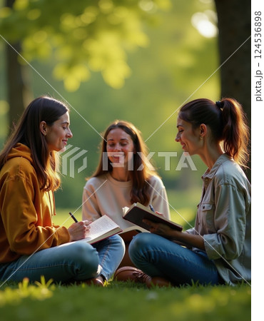 Outdoor study group: friends collaborating in nature for learning and creativity 124536898